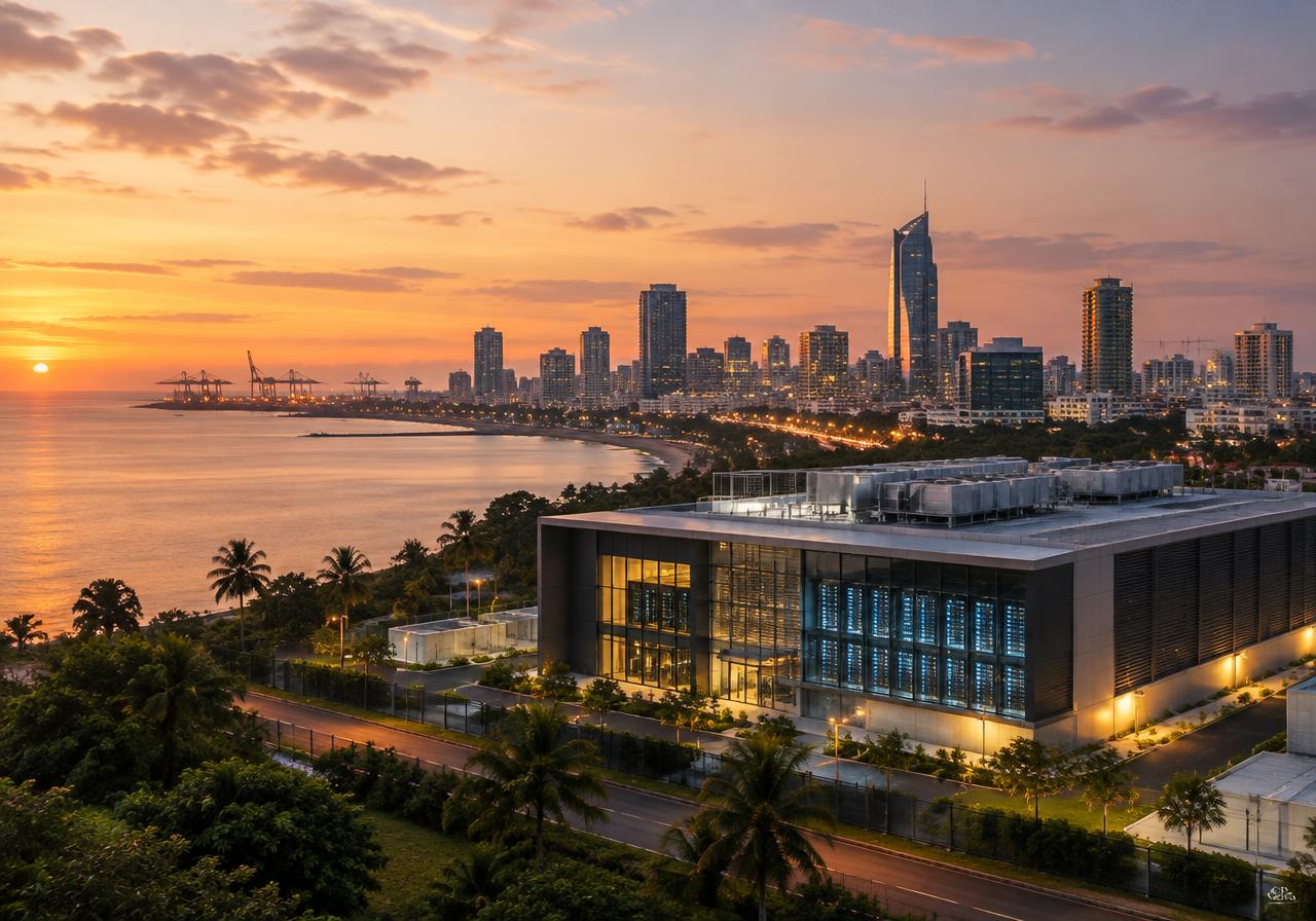 Coastal African skyline at dusk with a modern data center in the foreground